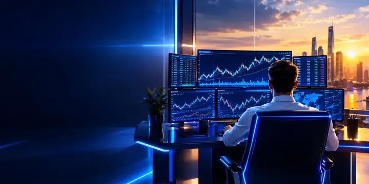 Professional forex trader at a multi monitor desk viewing currency charts seen from behind