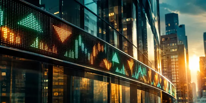 Glowing LED stock ticker tape with abstract symbols scrolling across a building