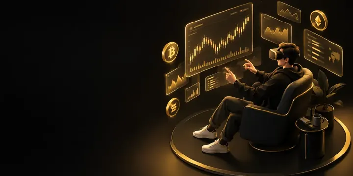 Trader wearing a VR headset surrounded by holographic crypto charts